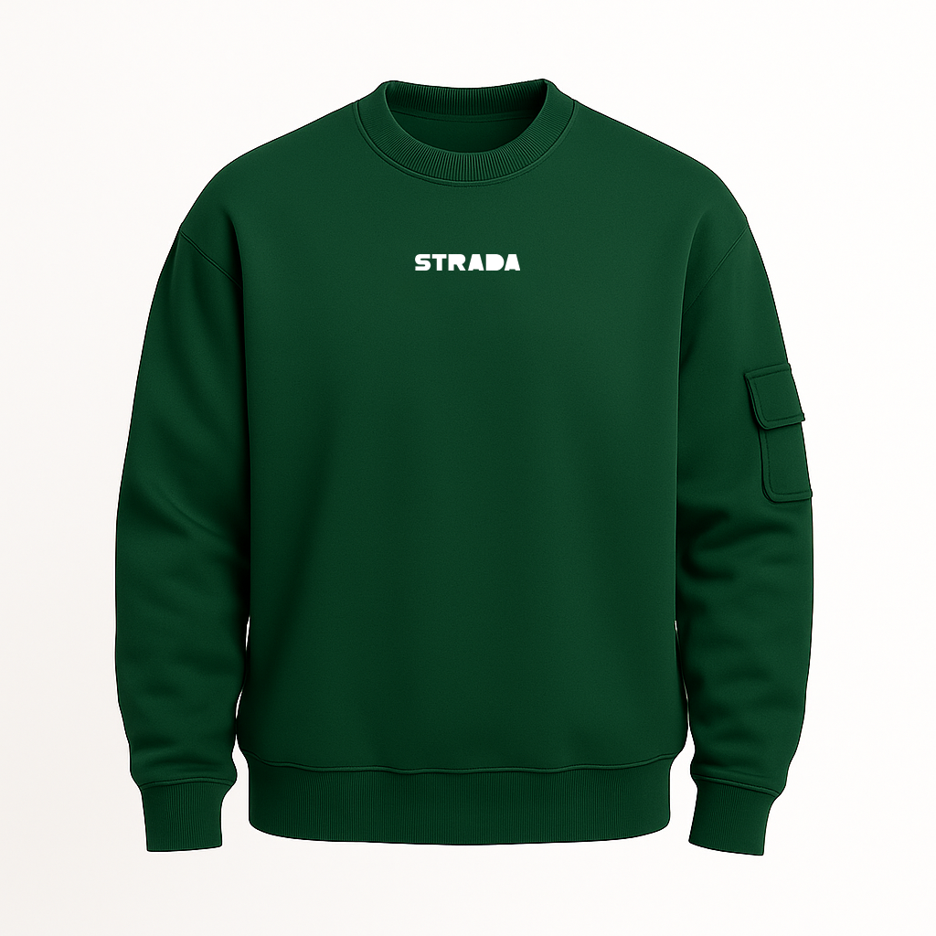 Green sweatshirt with 'STRADA' logo on a white background