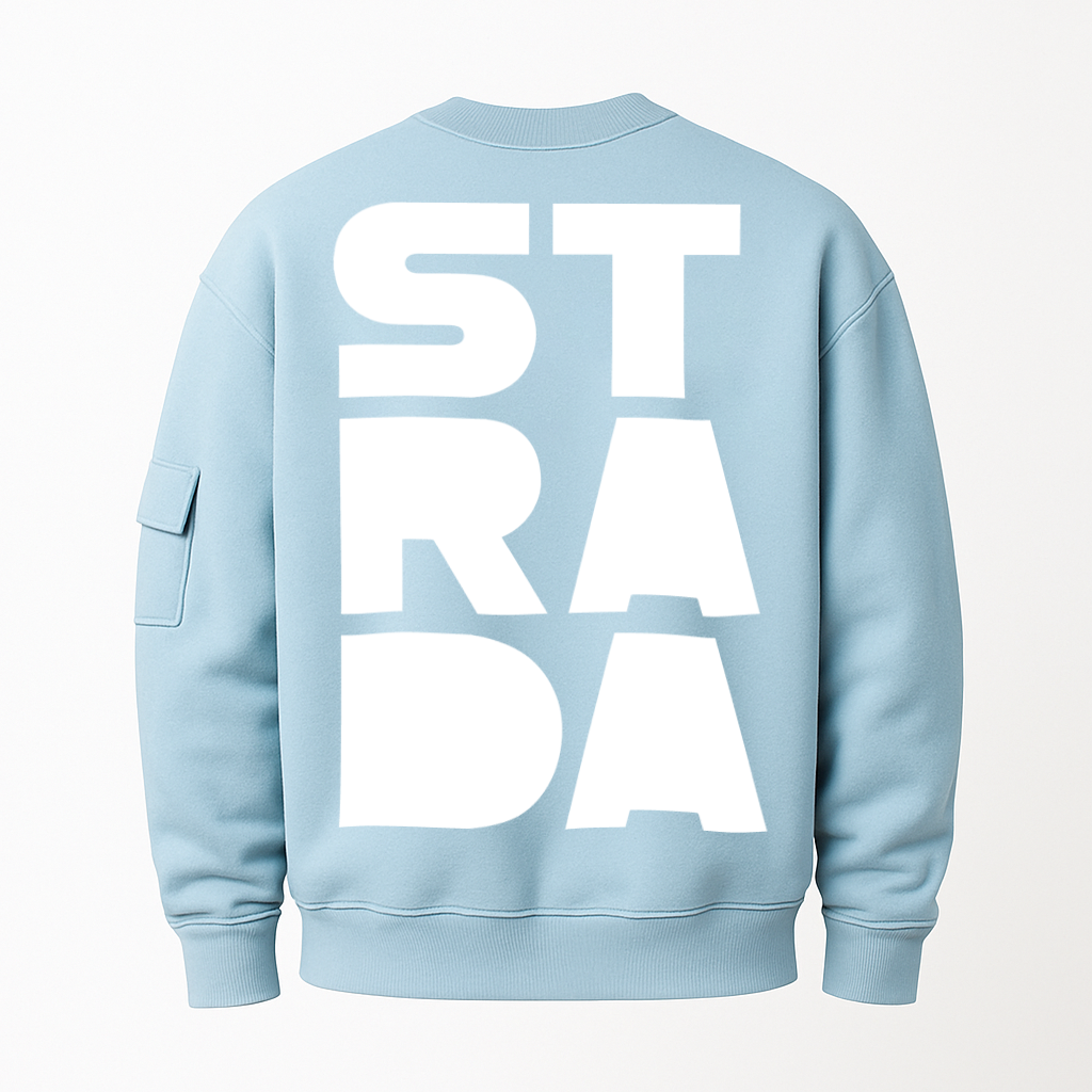 Light blue sweatshirt with 'STRADA' printed on the back against a white background