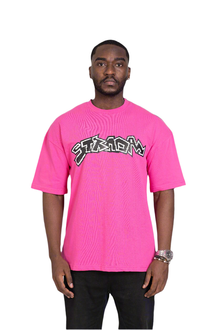 STRADA Error Glitch Oversized Crew Neck T-Shirt- Pixelated Print Pink colour T-shirt - STRADA