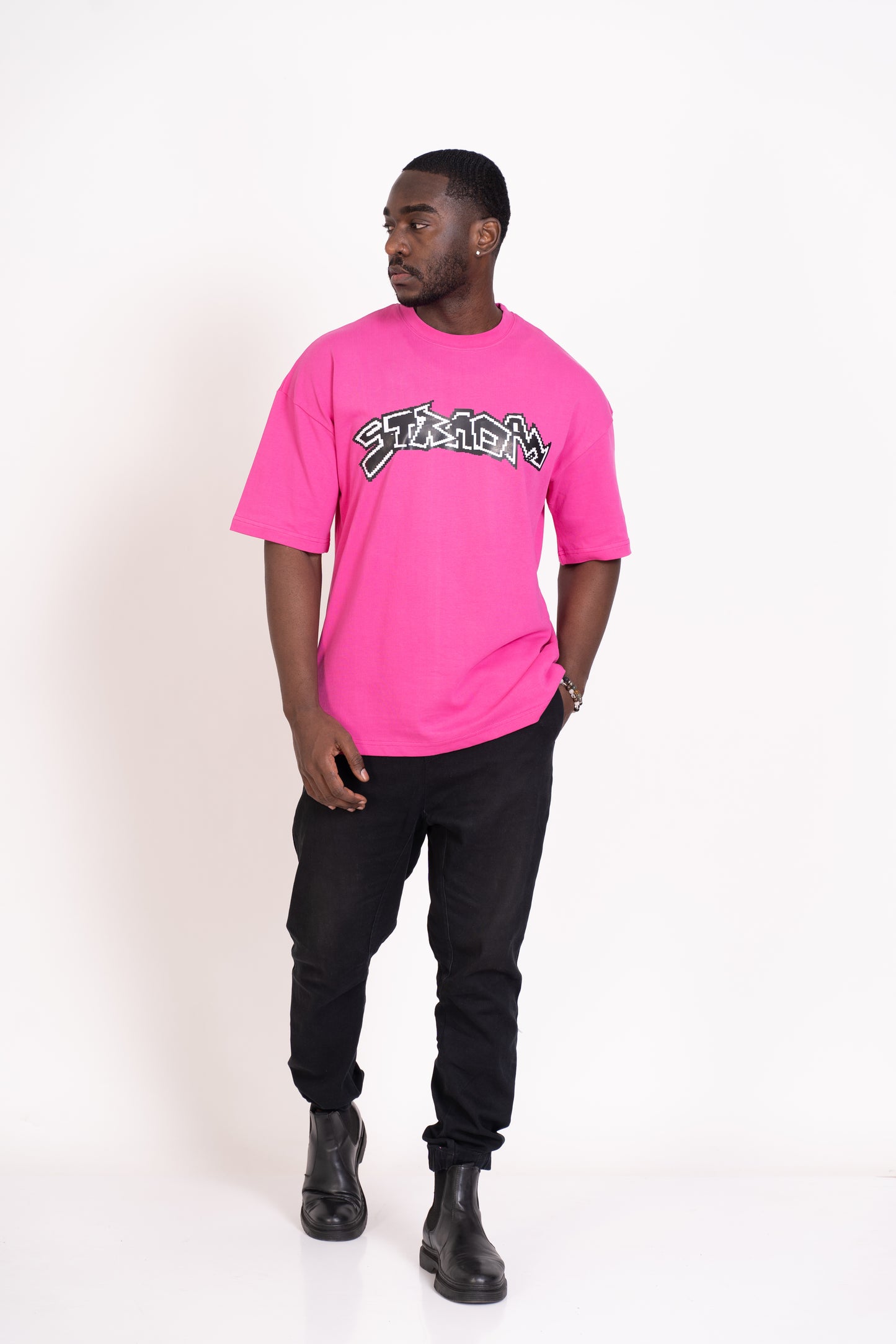 STRADA Error Glitch Oversized Crew Neck T-Shirt- Pixelated Print Pink colour T-shirt - STRADA