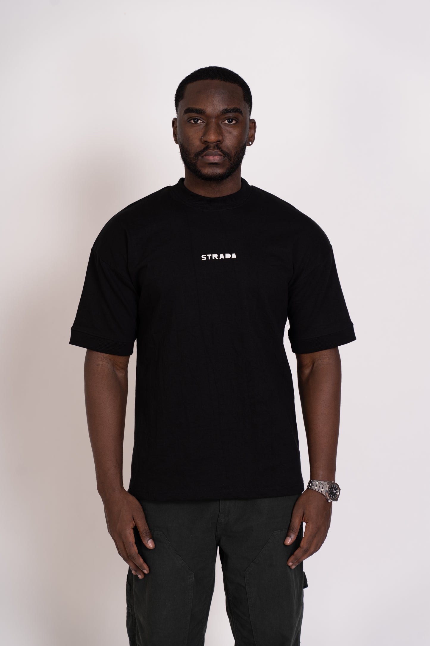 STRADA Abstract Oversized Crew Neck T-Shirt - Black with White Print - STRADA