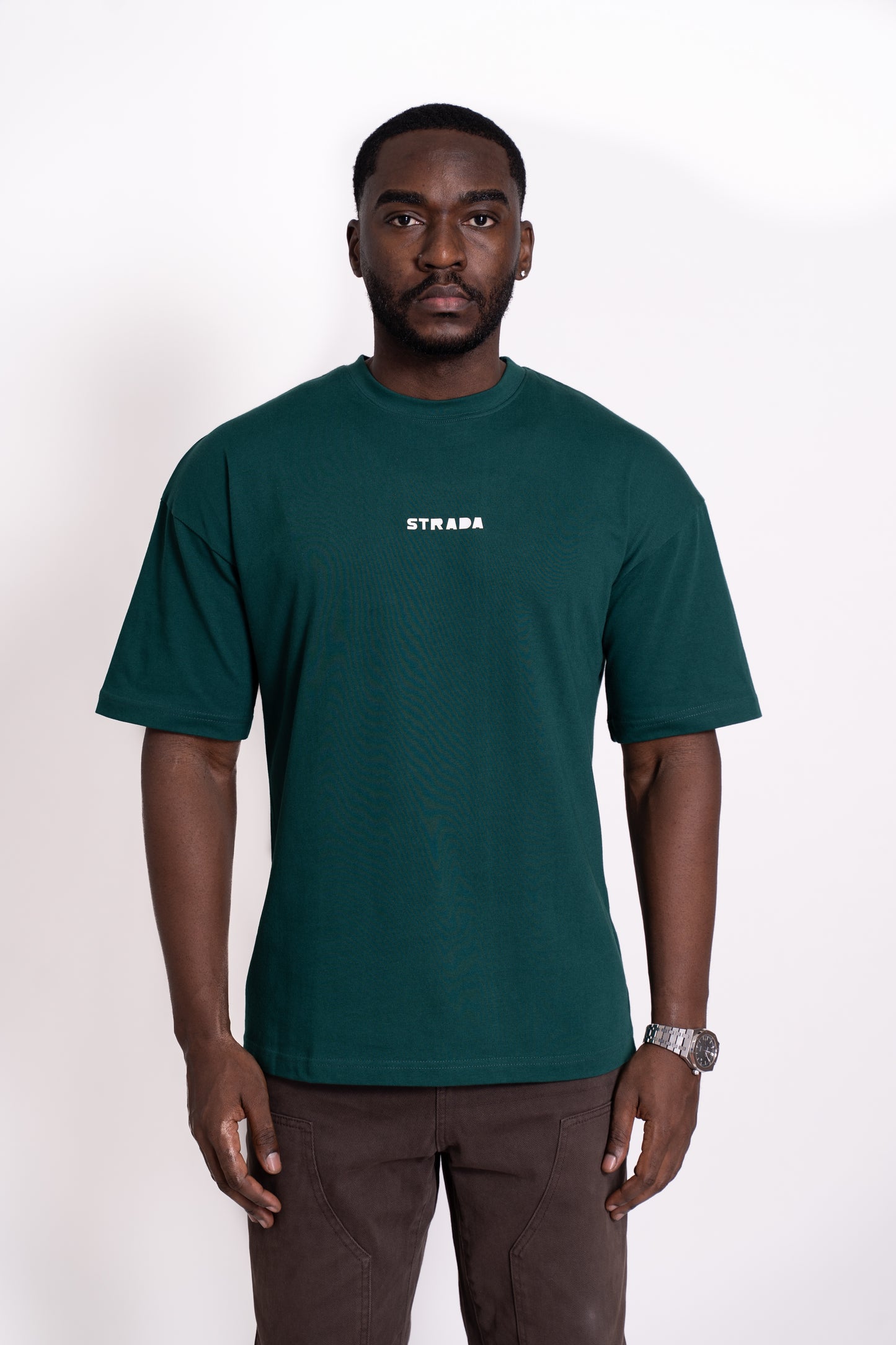 STRADA Logo Oversized Crew Neck T-Shirt- Deep Forest Green - STRADA
