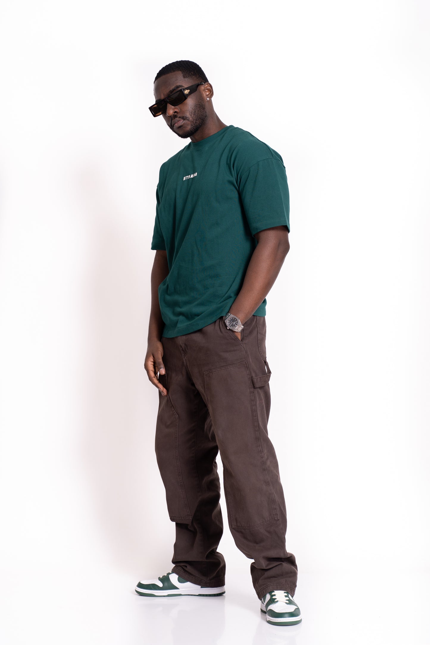 STRADA Logo Oversized Crew Neck T-Shirt- Deep Forest Green - STRADA
