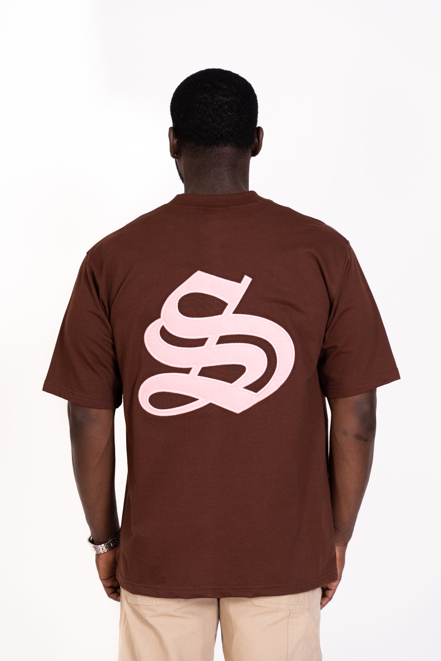 STRADA Vintage Oversized Crew Neck T-shirt - Pink Patch on Brown T-shirt - STRADA
