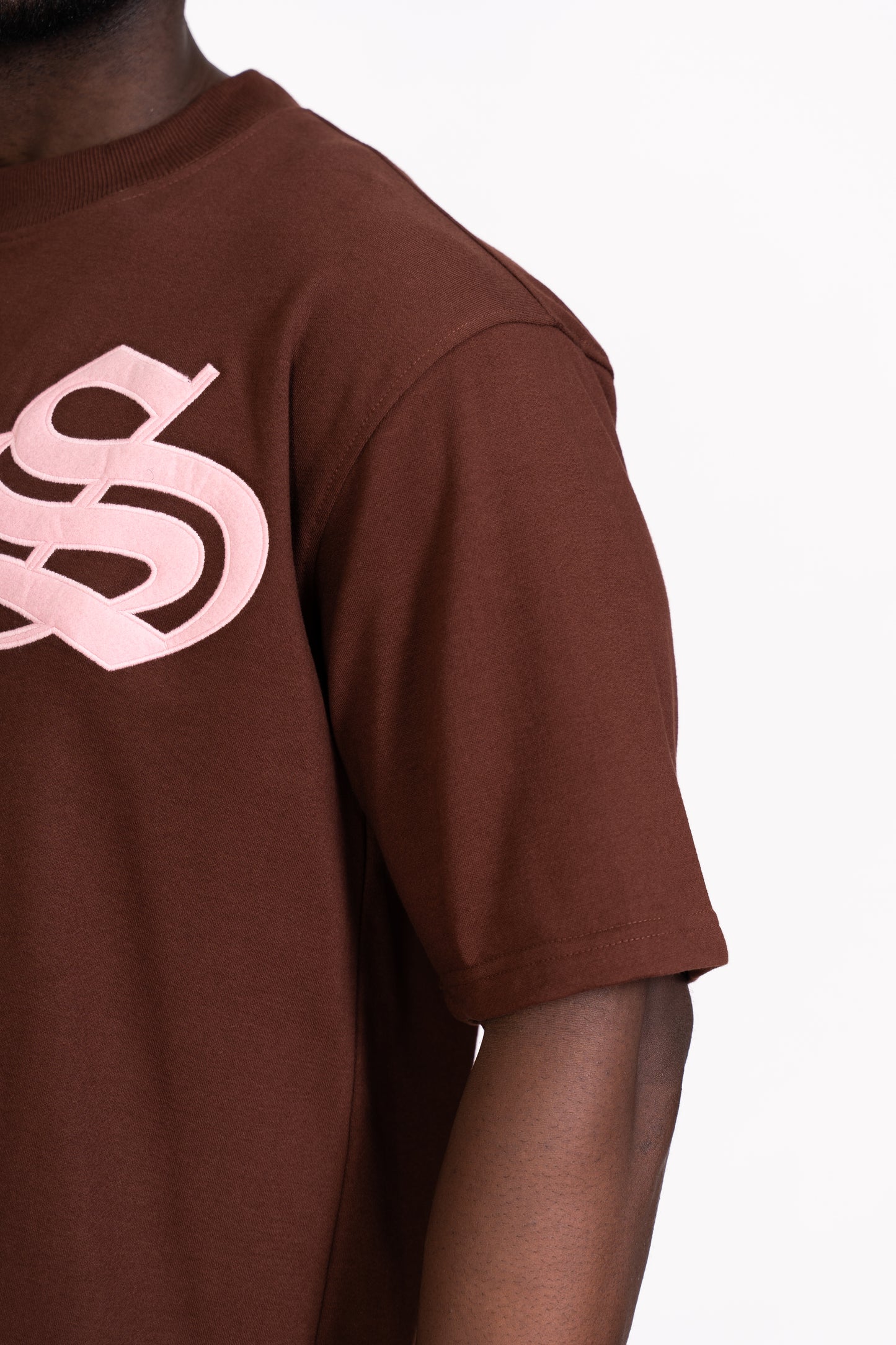 STRADA Vintage Oversized Crew Neck T-shirt - Pink Patch on Brown T-shirt - STRADA