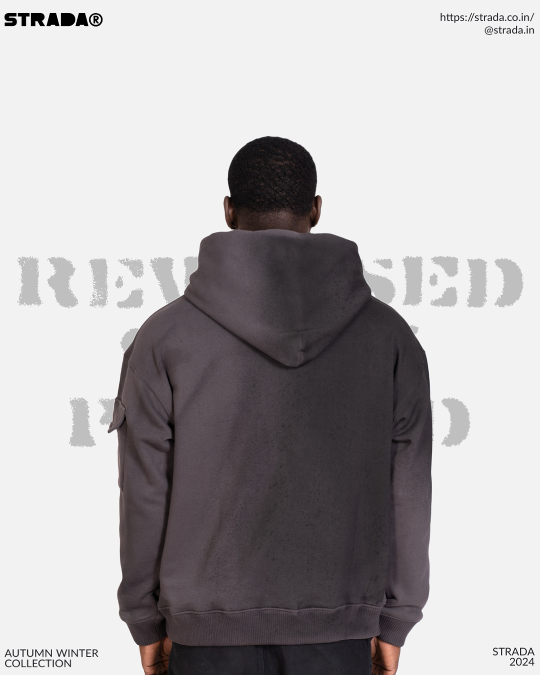 STRADA Reverse Spray-Painted Oversized Hoodie- Minimalistic Streetwear Hoodie in Dark Fade Grey - STRADA