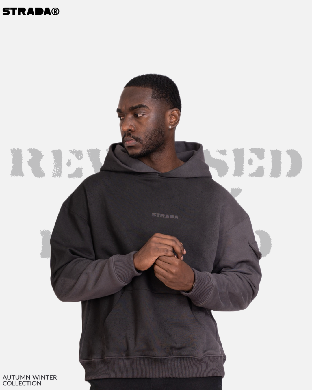 STRADA Reverse Spray-Painted Oversized Hoodie- Minimalistic Streetwear Hoodie in Dark Fade Grey - STRADA