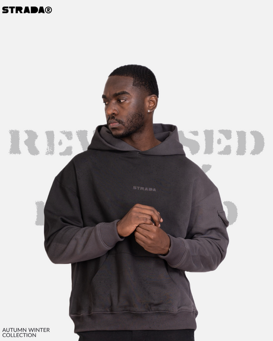 STRADA Reverse Spray-Painted Oversized Hoodie- Minimalistic Streetwear Hoodie in Dark Fade Grey - STRADA