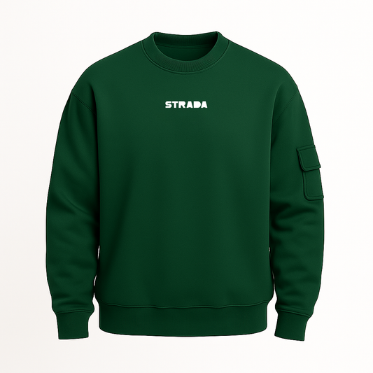 Green sweatshirt with 'STRADA' logo on a white background