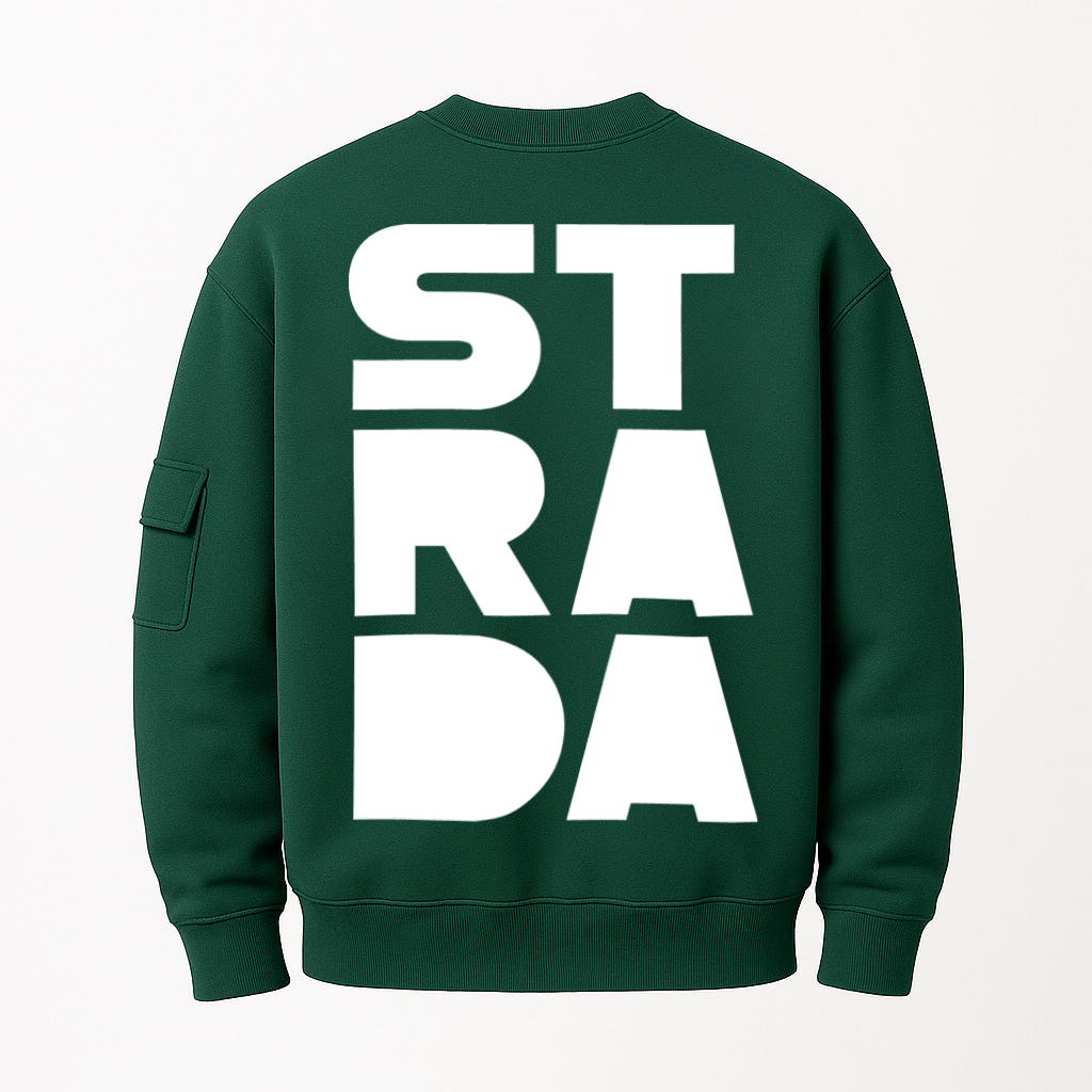 Green sweatshirt with 'STRADA' printed on the back against a white background