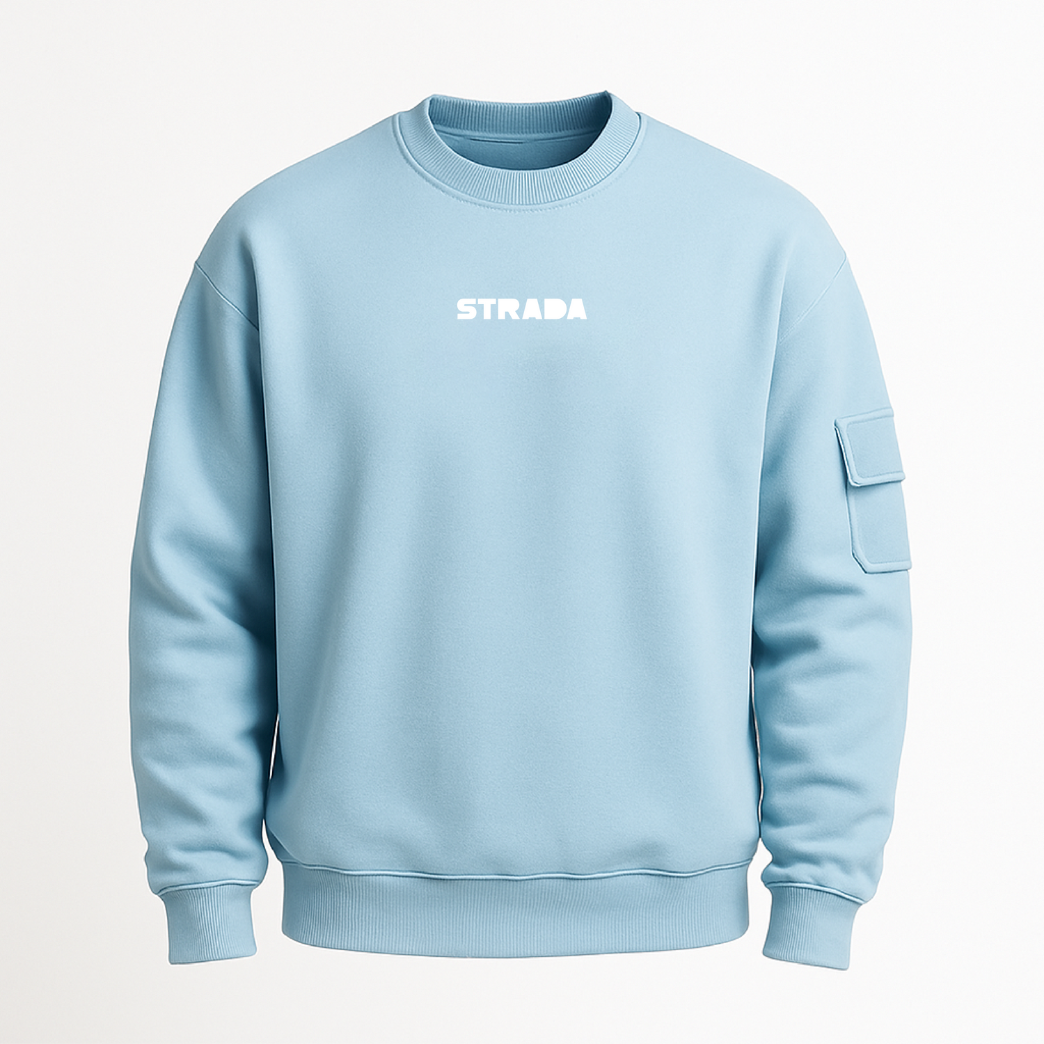 Light blue sweatshirt with 'STRADA' logo on a white background