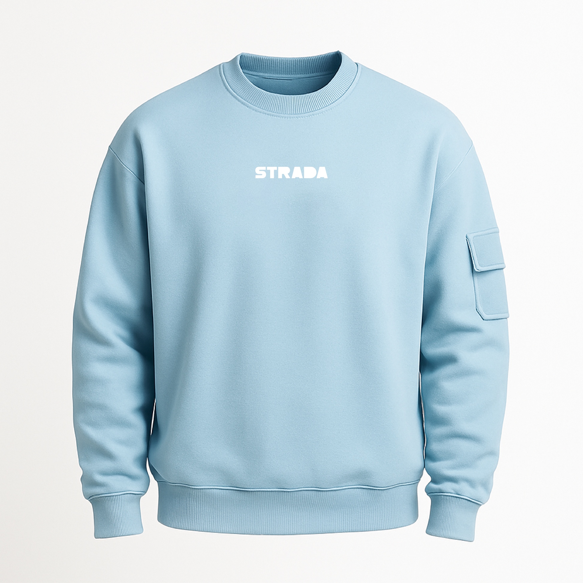 Light blue sweatshirt with 'STRADA' logo on a white background