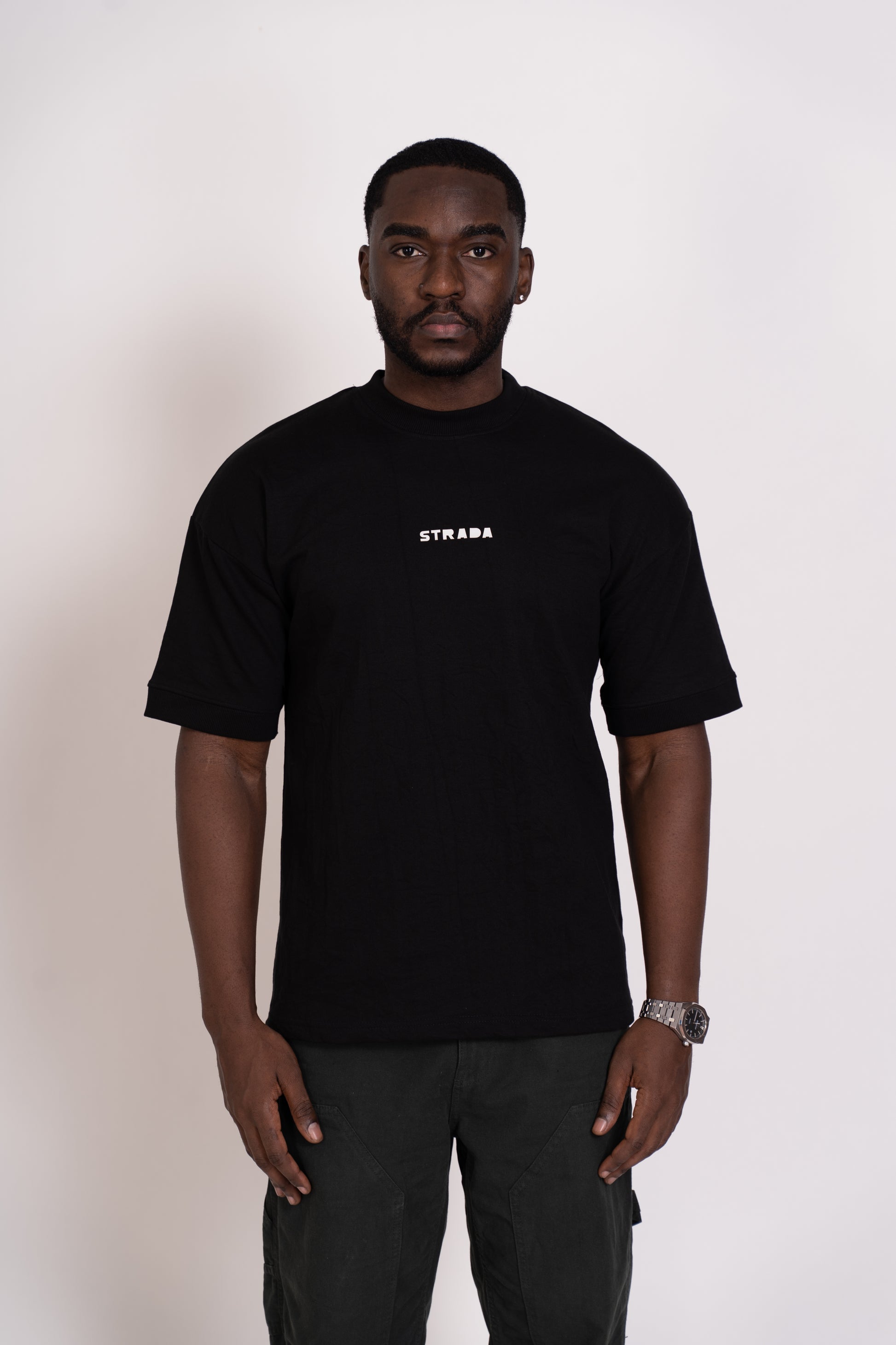 STRADA Abstract Oversized Crew Neck T-Shirt - Black with White Print - STRADA