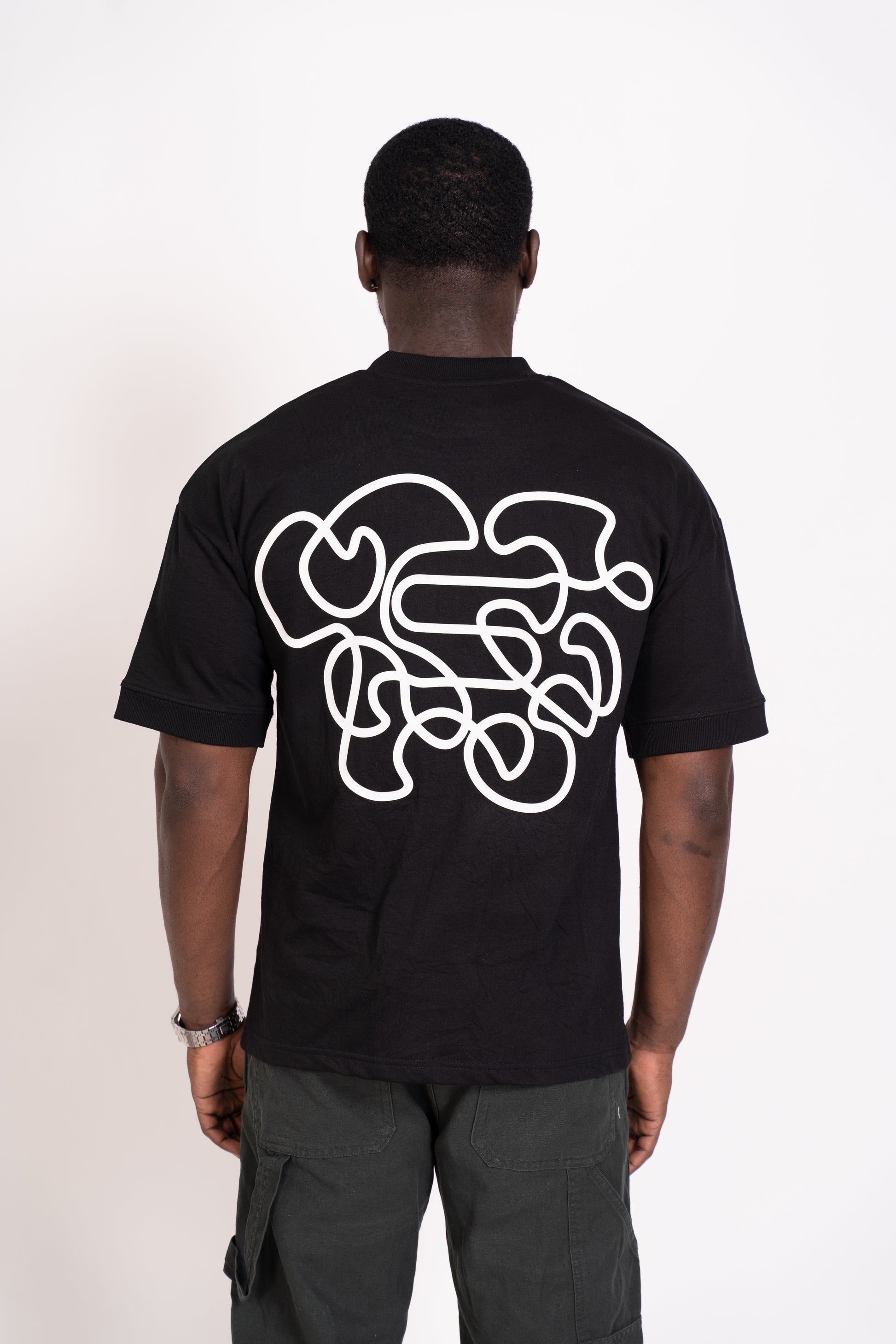STRADA Abstract Oversized Crew Neck T-Shirt - Black with White Print - STRADA