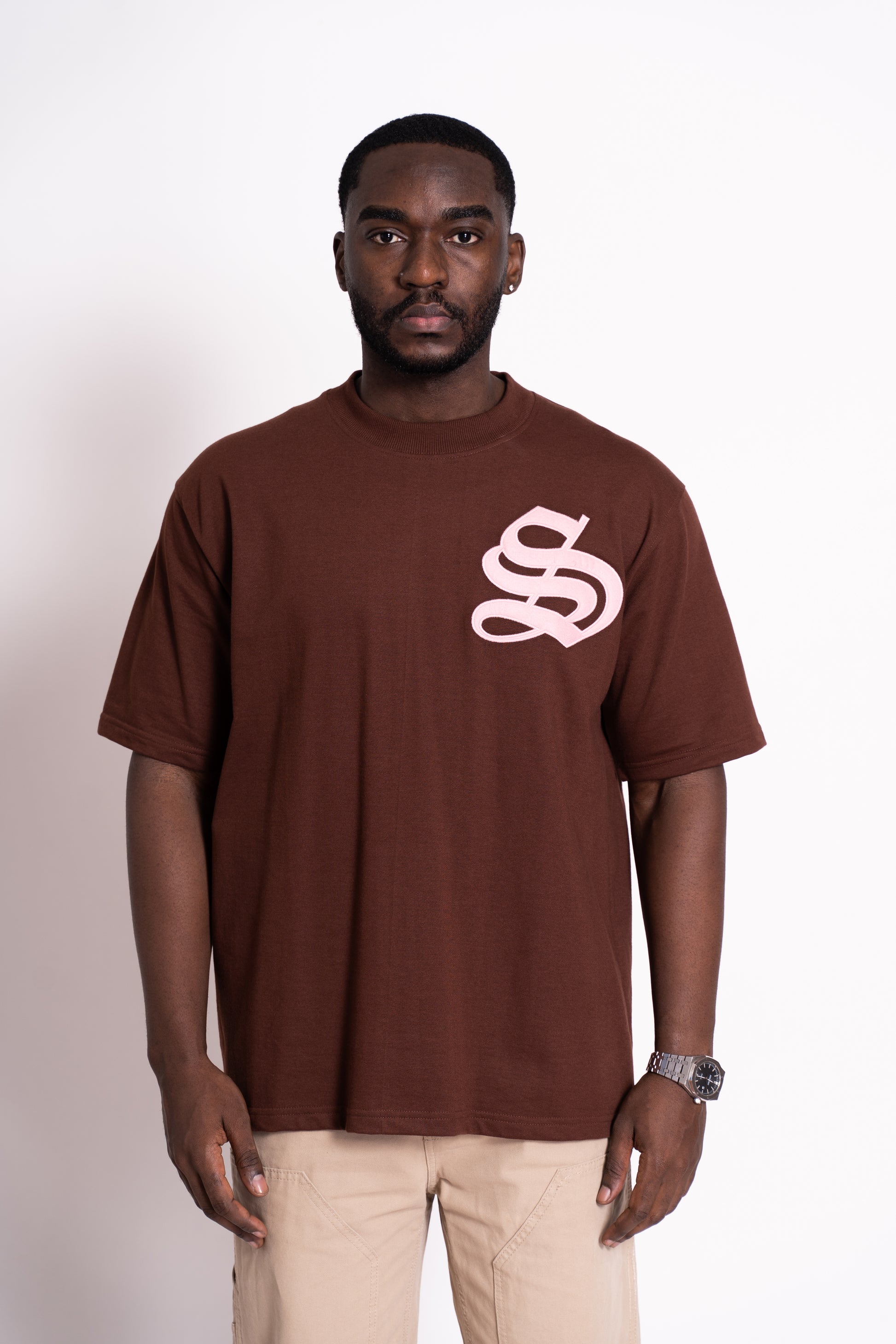 STRADA Vintage Oversized Crew Neck T-shirt - Pink Patch on Brown T-shirt - STRADA