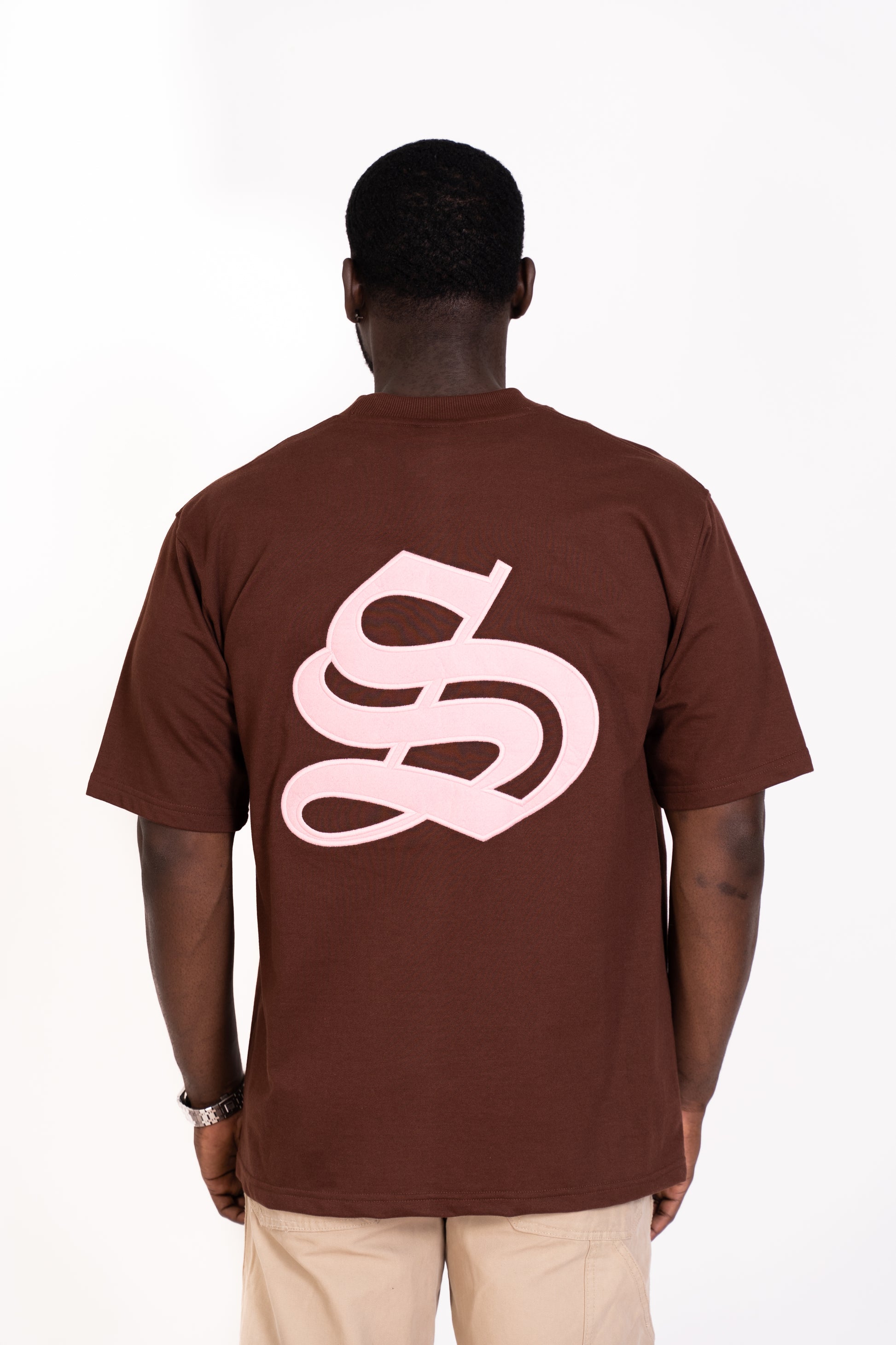 STRADA Vintage Oversized Crew Neck T-shirt - Pink Patch on Brown T-shirt - STRADA
